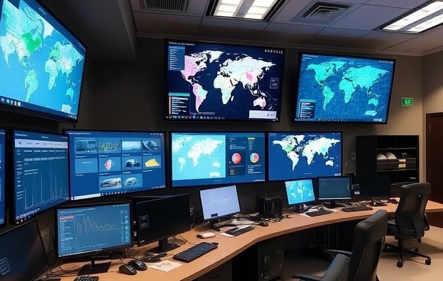 Centro de monitoreo con el estado de la red de cajeros en pantalla